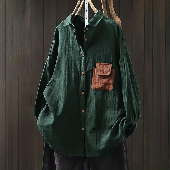 Buddha Stones Fall Contrasting Pocket Buttons Down Long Sleeve Women's Cotton Shirt - MediumSeaGreen - US4-8/10，UK/AU8-12/14，EU36-40/42 (F) - image 0