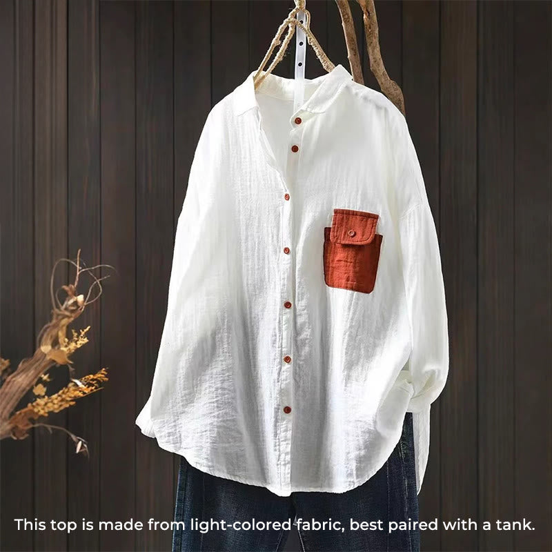 Buddha Stones Fall Contrasting Pocket Buttons Down Long Sleeve Women's Cotton Shirt - image 12