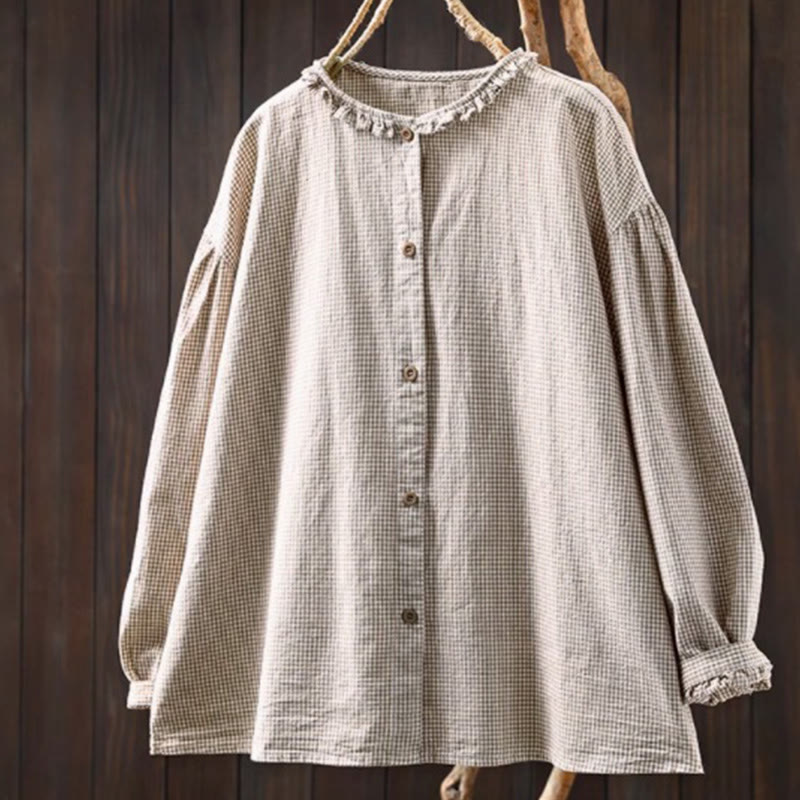 Buddha Stones Spring Small Plaid Buttons Down Long Sleeve Women's Cotton Shirt - Beige - US4，UK/AU8，EU36 (L) - image 13