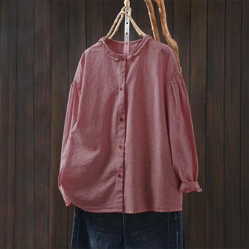 Buddha Stones Spring Small Plaid Buttons Down Long Sleeve Women's Cotton Shirt - IndianRed - US4，UK/AU8，EU36 (L) - image 17