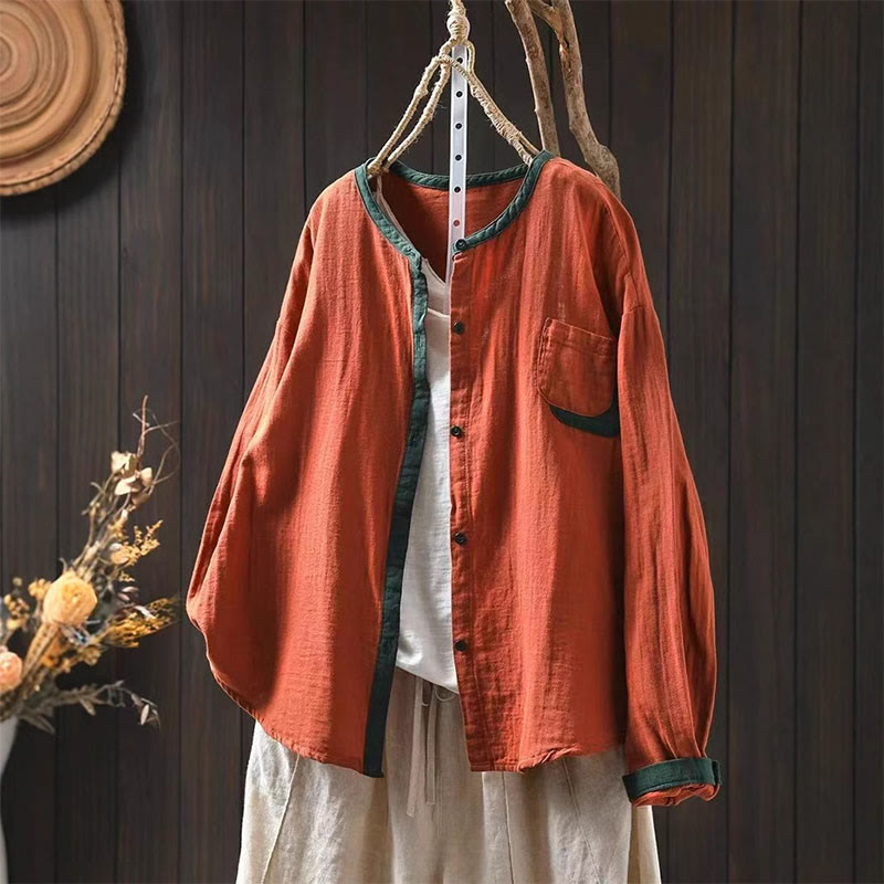 Buddha Stones Spring Contrasting Buttons Down Long Sleeve Women's Cotton Shirt - DarkOrange - US4-6，UK/AU8-10，EU36-38 (F) - image 12