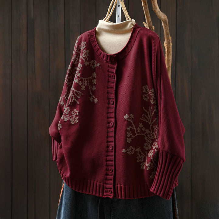 Buddha Stones Floral Buttons Cotton Women's Long Batwing Sleeve Knitted Cardigan - FireBrick - US4-6，UK/AU8-10，EU36-38 (F) - image 0