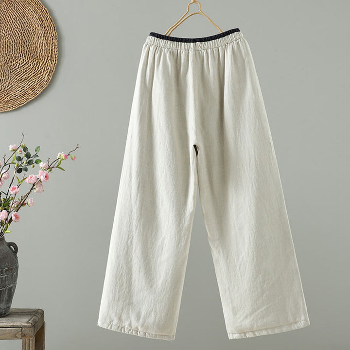 Buddha Stones Winter Contrasting Drawstring Cotton Linen Women's Wide Leg Pants With Pockets - image 7