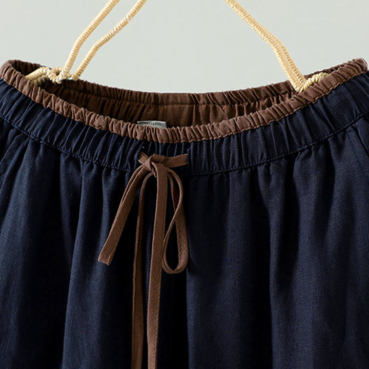 Buddha Stones Winter Contrasting Drawstring Cotton Linen Women's Wide Leg Pants With Pockets - image 2