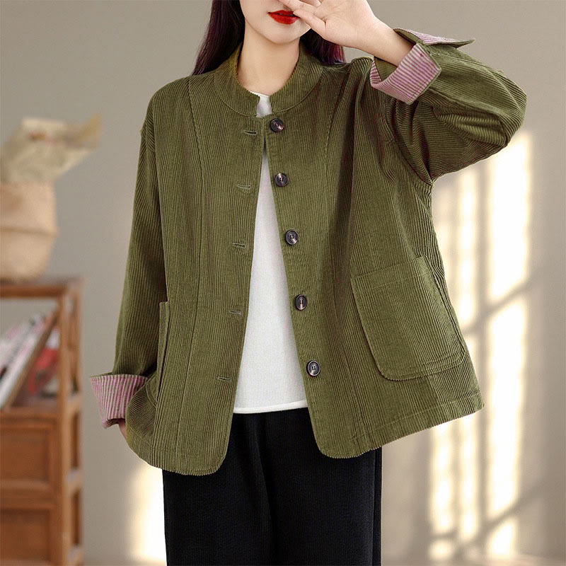 Buddha Stones Buttons Design Corduroy Long Sleeve Women's Jacket With Pockets - OliveDrab - US8-10，UK/AU12-14，EU40-42 (2XL) - image 6