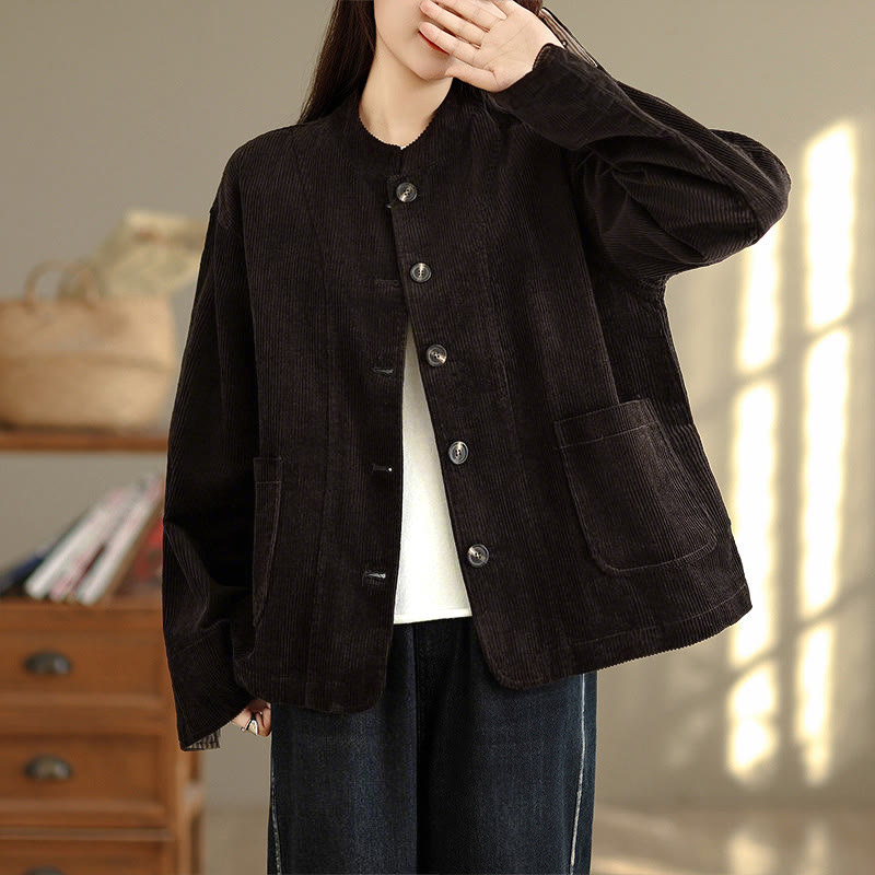 Buddha Stones Buttons Design Corduroy Long Sleeve Women's Jacket With Pockets - Sienna - US8-10，UK/AU12-14，EU40-42 (2XL) - image 17