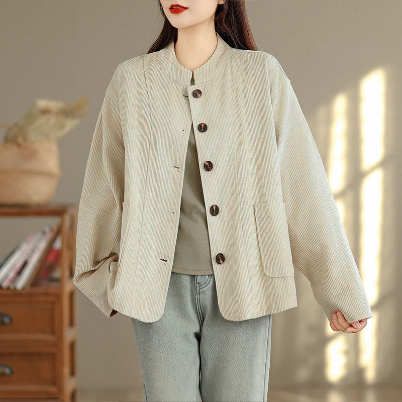 Buddha Stones Buttons Design Corduroy Long Sleeve Women's Jacket With Pockets - image 1