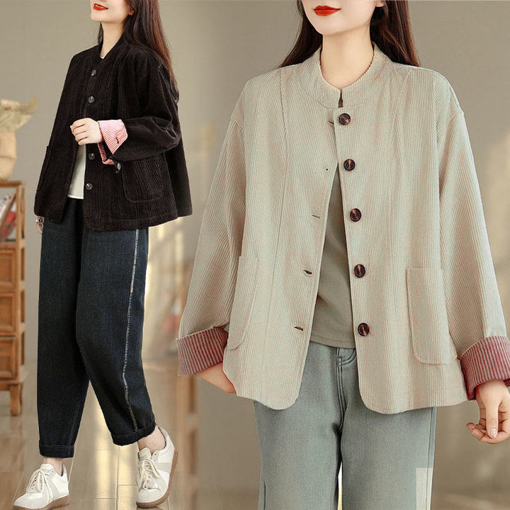Buddha Stones Buttons Design Corduroy Long Sleeve Women's Jacket With Pockets - image 23