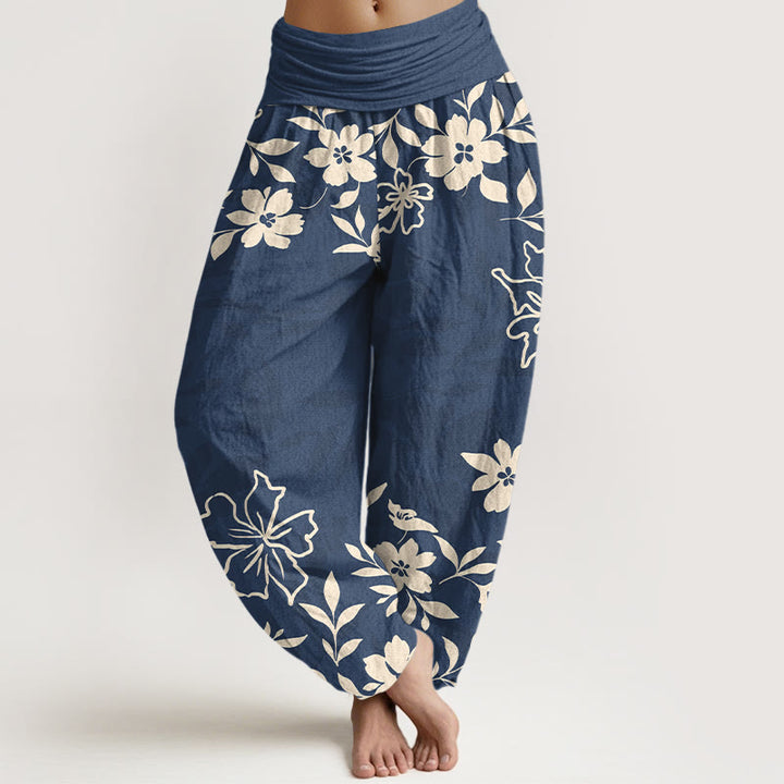 Buddha Stones Cotton Retro Simple Flowers Leaves Pattern Women's Elastic Waist Harem Pants - SteelBlue - US16，UK/AU20，EU48 (3XL) - image 0