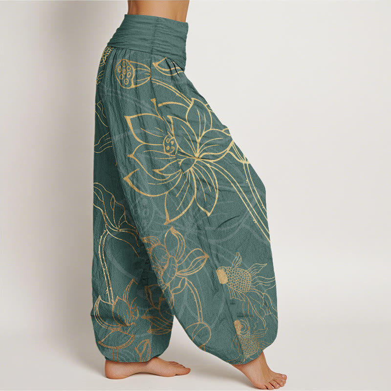 Buddha Stones Cotton Lotus Leaf Koi Fish Women's Elastic Waist Harem Pants - image 1