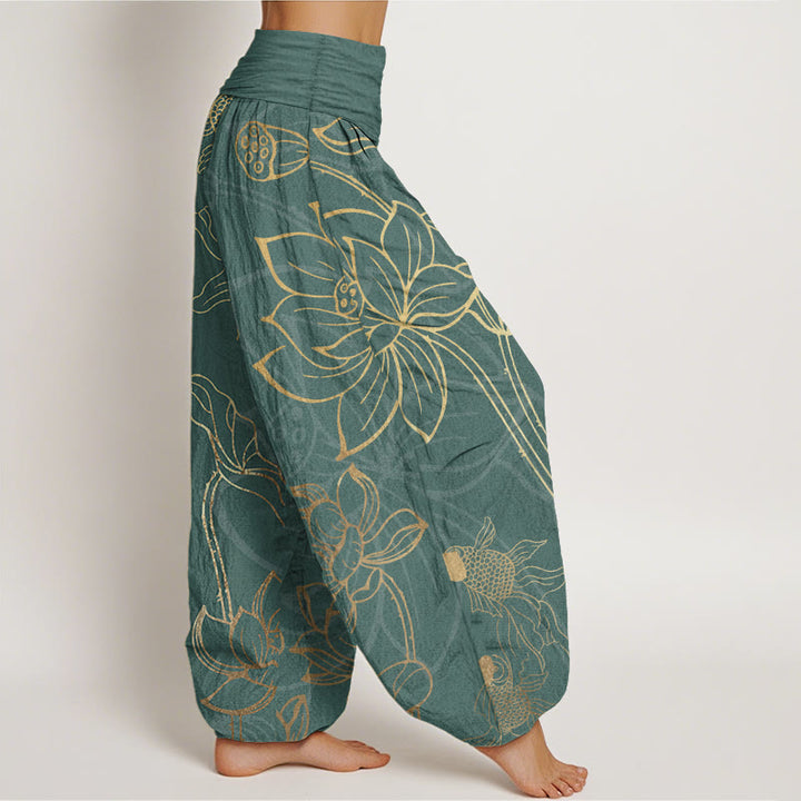 Buddha Stones Cotton Lotus Leaf Koi Fish Women's Elastic Waist Harem Pants - image 1
