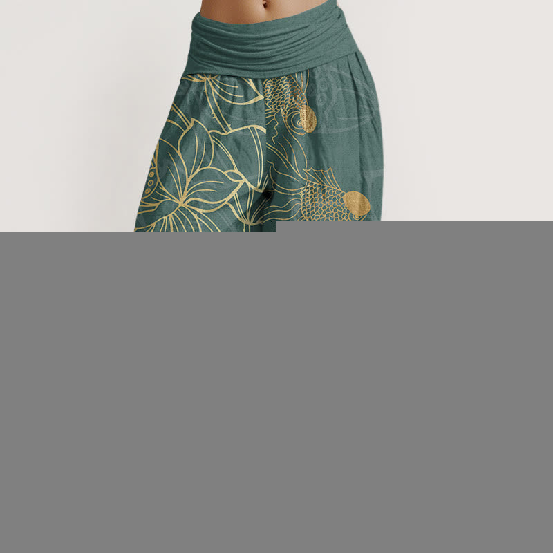 Buddha Stones Cotton Lotus Leaf Koi Fish Women's Elastic Waist Harem Pants - DarkCyan - US22，UK/AU26，EU54 (6XL) - image 0