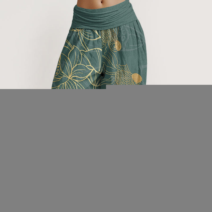 Buddha Stones Cotton Lotus Leaf Koi Fish Women's Elastic Waist Harem Pants - DarkCyan - US22，UK/AU26，EU54 (6XL) - image 0