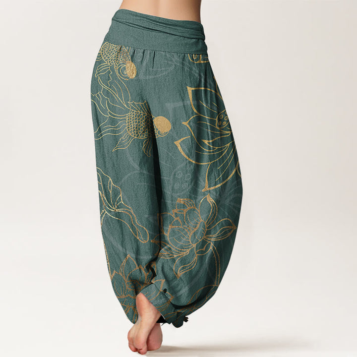 Buddha Stones Cotton Lotus Leaf Koi Fish Women's Elastic Waist Harem Pants - image 2