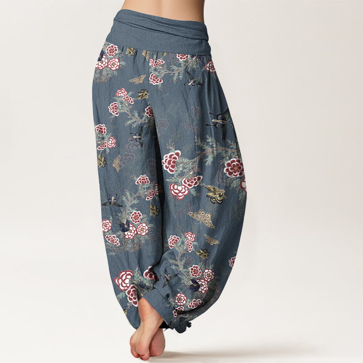 Buddha Stones Cotton Flowers Leaves Butterfly Pattern Women's Elastic Waist Harem Pants - image 9