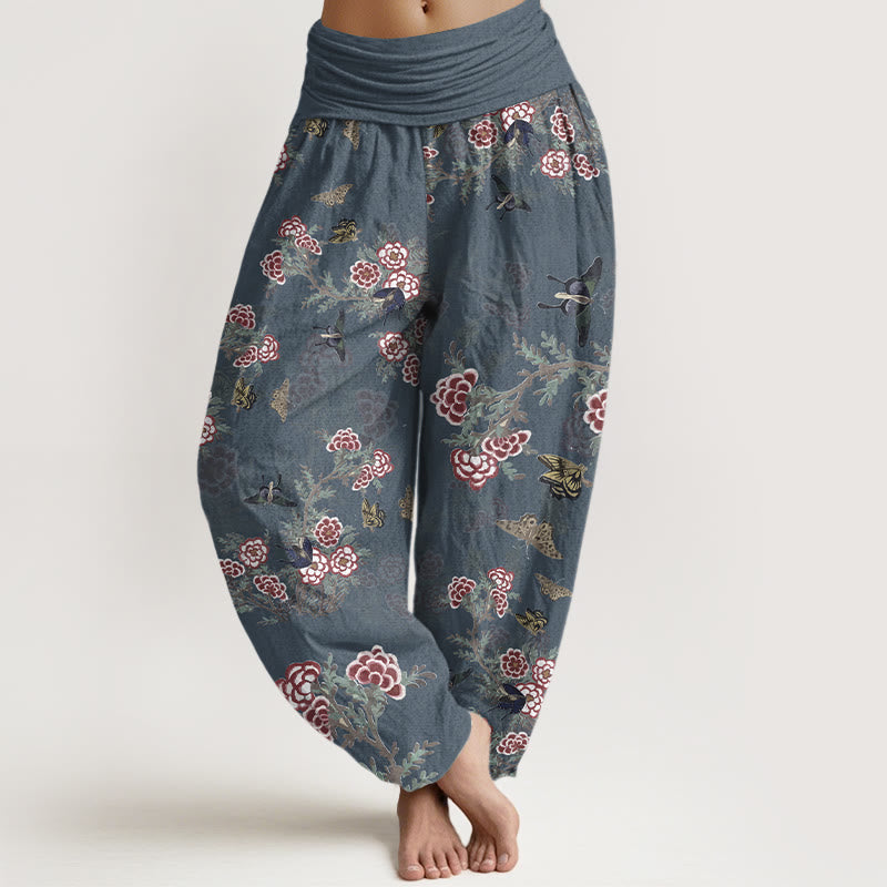 Buddha Stones Cotton Flowers Leaves Butterfly Pattern Women's Elastic Waist Harem Pants - DarkSlateBlue - US16，UK/AU20，EU48 (3XL) - image 8