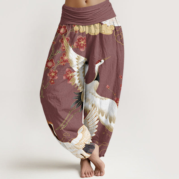 Buddha Stones Pure Cotton Cranes Flowers Auspicious Clouds Pattern Women's Elastic Waist Harem Pants - MediumVioletRed - US22，UK/AU26，EU54 (6XL) - image 5