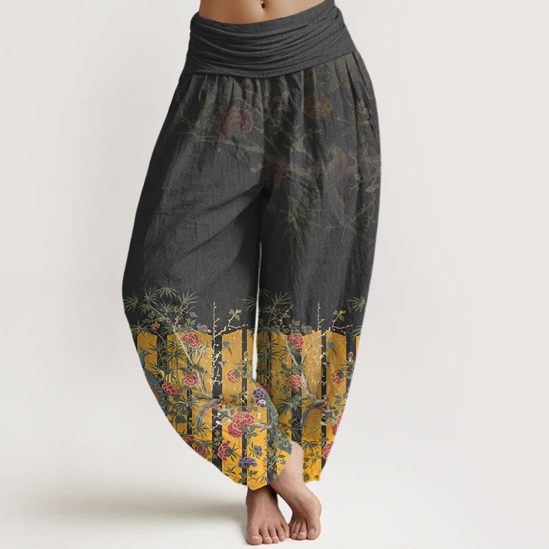 Buddha Stones Cotton Gorgeous Peacock Flower Pattern Women's Elastic Waist Harem Pants - Black - US16，UK/AU20，EU48 (3XL) - image 5