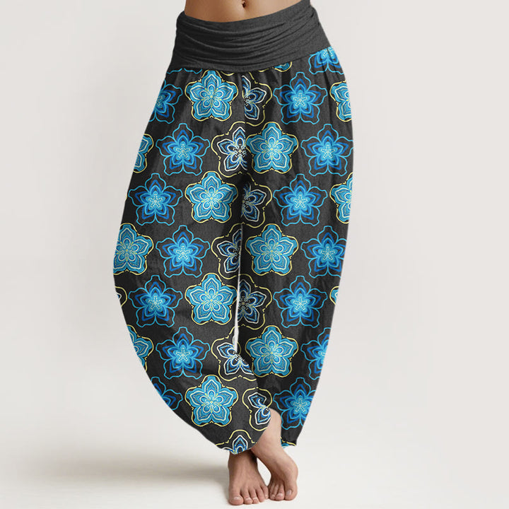 Buddha Stones Cotton Regular Layout Of Five-petal Flower Pattern Women's Elastic Waist Harem Pants - Black - US16，UK/AU20，EU48 (3XL) - image 5