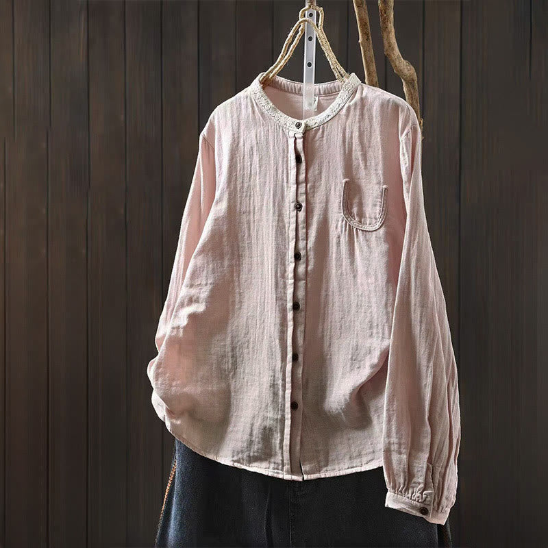 Buddha Stones Spring Fall Lace Collar Button Down Long Sleeve Women's Cotton Shirt - LightPink - US6，UK/AU10，EU38 (L) - image 2