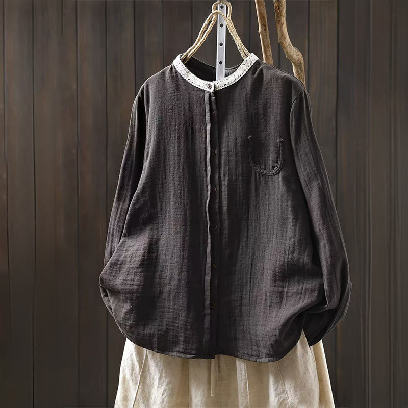 Buddha Stones Spring Fall Lace Collar Button Down Long Sleeve Women's Cotton Shirt - DimGray - US6，UK/AU10，EU38 (L) - image 16