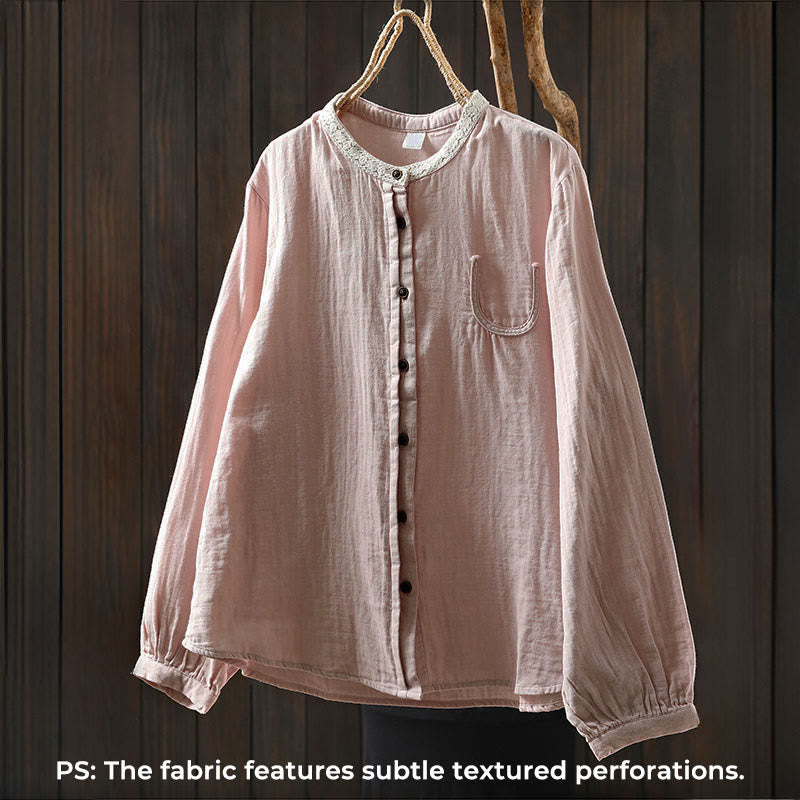 Buddha Stones Spring Fall Lace Collar Button Down Long Sleeve Women's Cotton Shirt - image 3