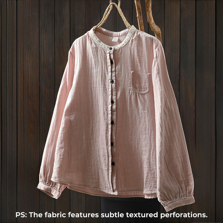 Buddha Stones Spring Fall Lace Collar Button Down Long Sleeve Women's Cotton Shirt - image 3