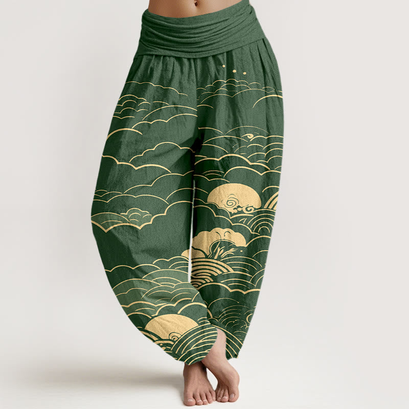 Buddha Stones Cotton Classical Clouds Spiral Pattern Women's Elastic Waist Harem Pants - Green - US16，UK/AU20，EU48 (3XL) - image 8