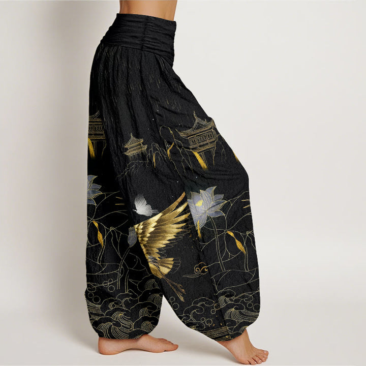 Buddha Stones Cotton Crane Lotus Mountain Pavilion Pattern Women's Elastic Waist Harem Pants - image 2