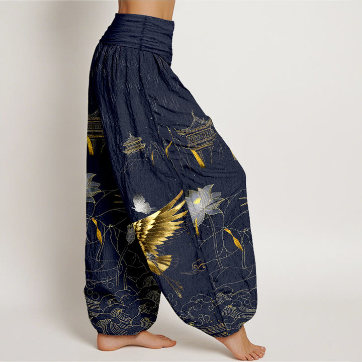 Buddha Stones Cotton Crane Lotus Mountain Pavilion Pattern Women's Elastic Waist Harem Pants - image 7