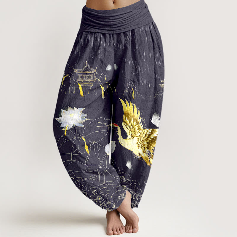 Buddha Stones Cotton Crane Lotus Mountain Pavilion Pattern Women's Elastic Waist Harem Pants - DarkSlateBlue - US16，UK/AU20，EU48 (3XL) - image 8