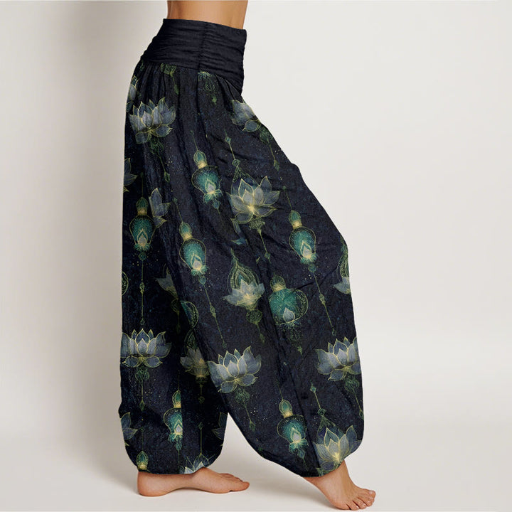 Buddha Stones Cotton Gorgeous Lotus Lantern Pattern Women's Elastic Waist Harem Pants - image 7