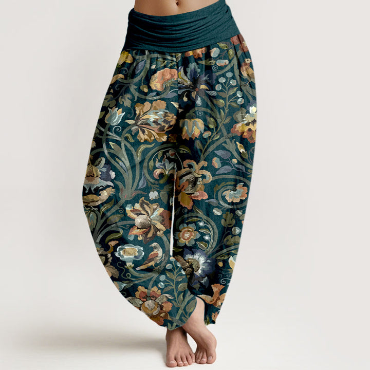 Buddha Stones Cotton Retro Flowers Vines Bird Pattern Women's Elastic Waist Harem Pants - Navy - US16，UK/AU20，EU48 (3XL) - image 0
