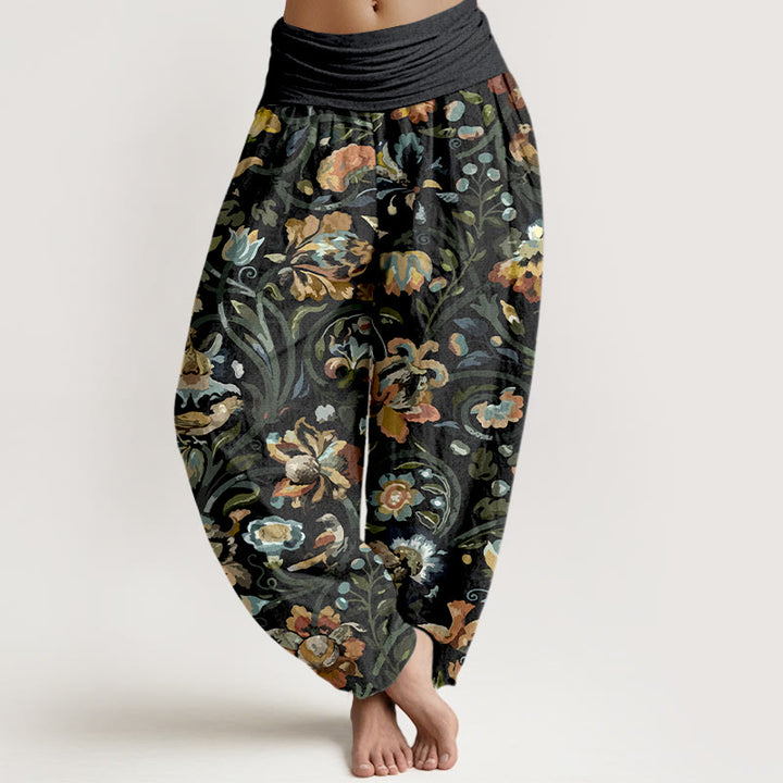 Buddha Stones Cotton Retro Flowers Vines Bird Pattern Women's Elastic Waist Harem Pants - Black - US16，UK/AU20，EU48 (3XL) - image 8