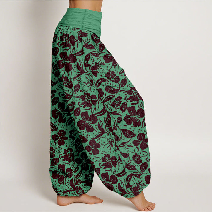 Buddha Stones Cotton Repeated Flowers Leaves Pattern Women's Elastic Waist Harem Pants - image 2