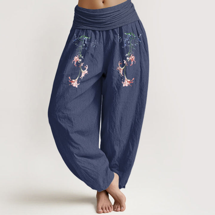Buddha Stones Pure Cotton Simple Pastel Flower Pattern Women's Elastic Waist Harem Pants - DarkSlateBlue - US16，UK/AU20，EU48 (3XL) - image 5