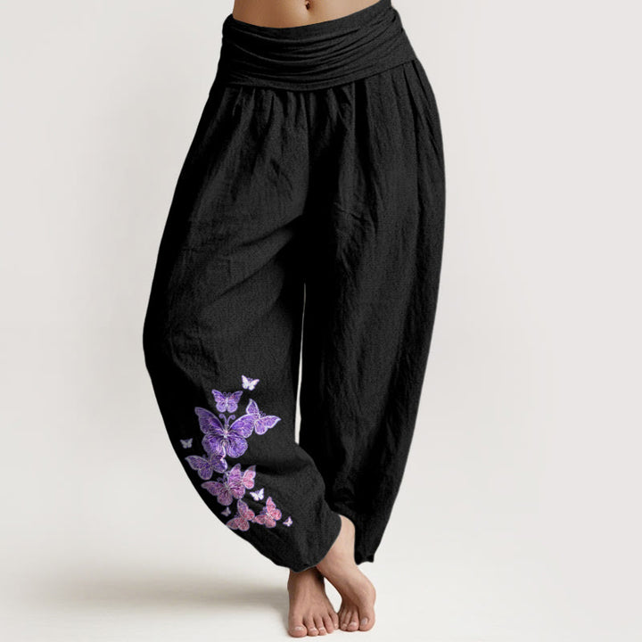 Buddha Stones Pure Cotton Pastel Butterfly Pattern Women's Elastic Waist Harem Pants - Black - US16，UK/AU20，EU48 (3XL) - image 5