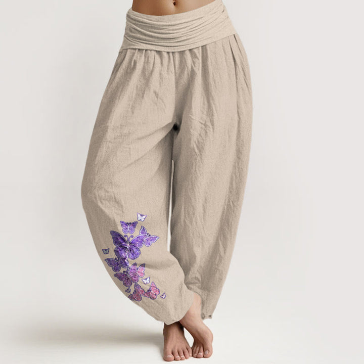 Buddha Stones Pure Cotton Pastel Butterfly Pattern Women's Elastic Waist Harem Pants - Tan - US16，UK/AU20，EU48 (3XL) - image 11