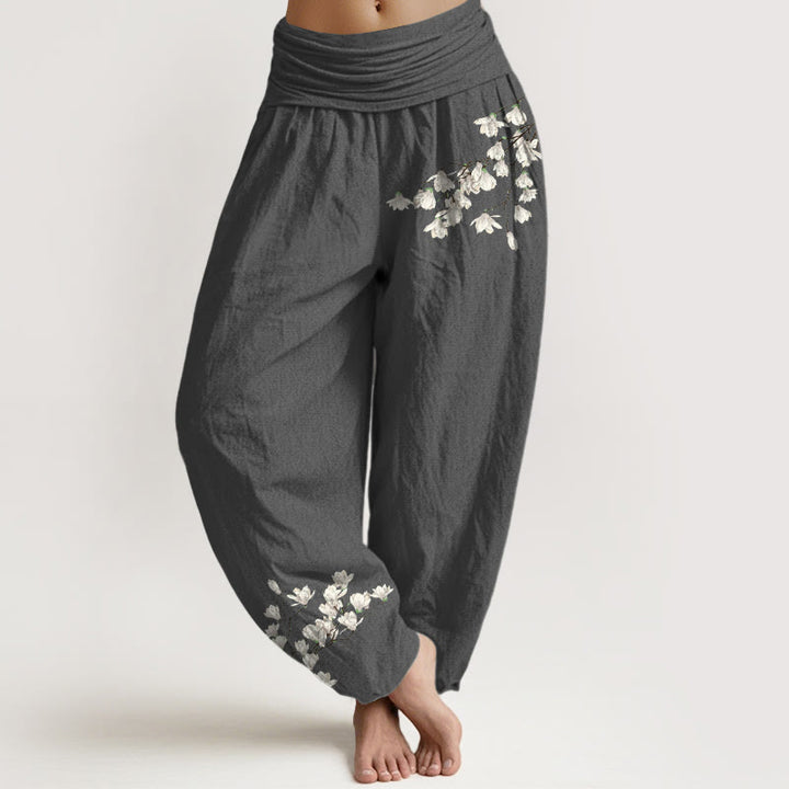 Buddha Stones Pure Cotton Simple Magnolia Flower Pattern Women's Elastic Waist Harem Pants - DimGray - US16，UK/AU20，EU48 (3XL) - image 0