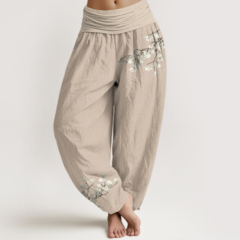 Buddha Stones Pure Cotton Simple Magnolia Flower Pattern Women's Elastic Waist Harem Pants - Tan - US16，UK/AU20，EU48 (3XL) - image 11