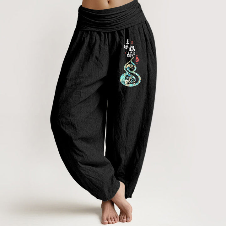 Buddha Stones Pure Cotton Chinese Characters Gourd Pattern Women's Elastic Waist Harem Pants - Black - US16，UK/AU20，EU48 (3XL) - image 0