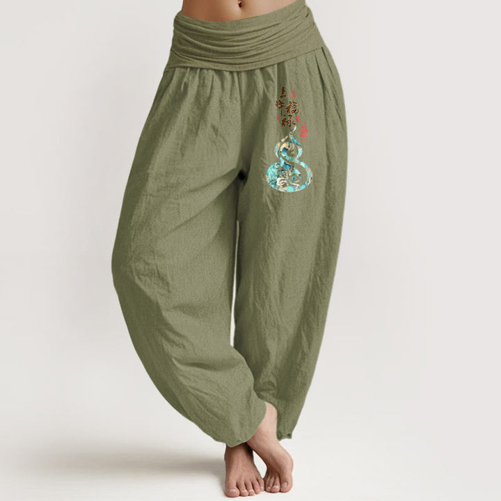 Buddha Stones Pure Cotton Chinese Characters Gourd Pattern Women's Elastic Waist Harem Pants - OliveDrab - US16，UK/AU20，EU48 (3XL) - image 14