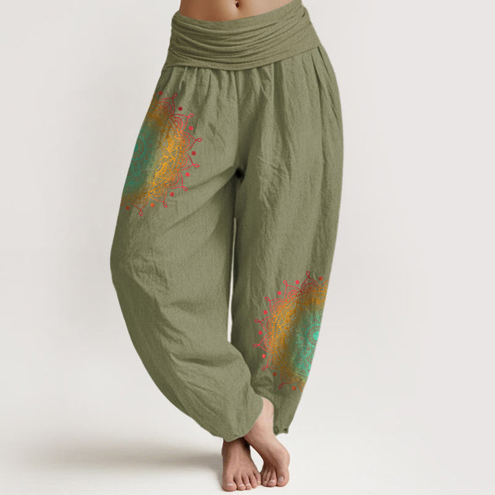 Buddha Stones Pure Cotton Simple Style Mandala Pattern Women's Elastic Waist Harem Pants - OliveDrab - US16，UK/AU20，EU48 (3XL) - image 14