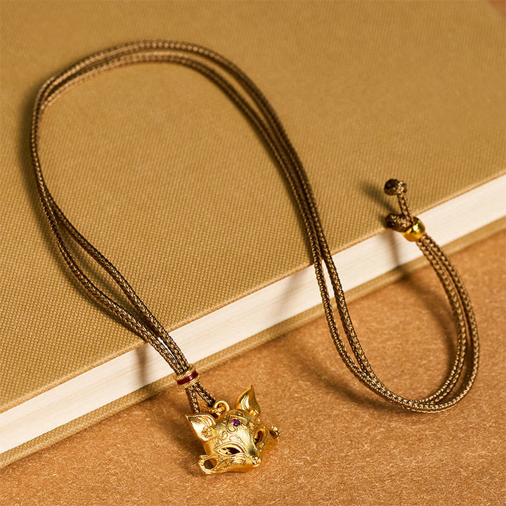 Buddha Stones 24k Gold Plated Brass Fox Charm Texture Rope Necklace Pendant - image 4