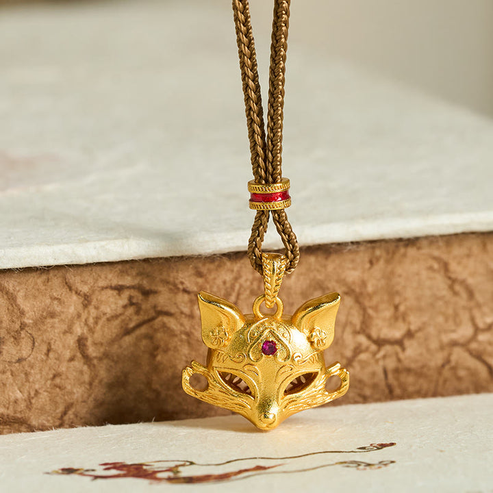 Buddha Stones 24k Gold Plated Brass Fox Charm Texture Rope Necklace Pendant - image 1