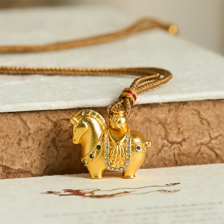 Buddha Stones Year Of The Horse 24k Gold Plated Brass Rope Cord Necklace Pendant - image 9