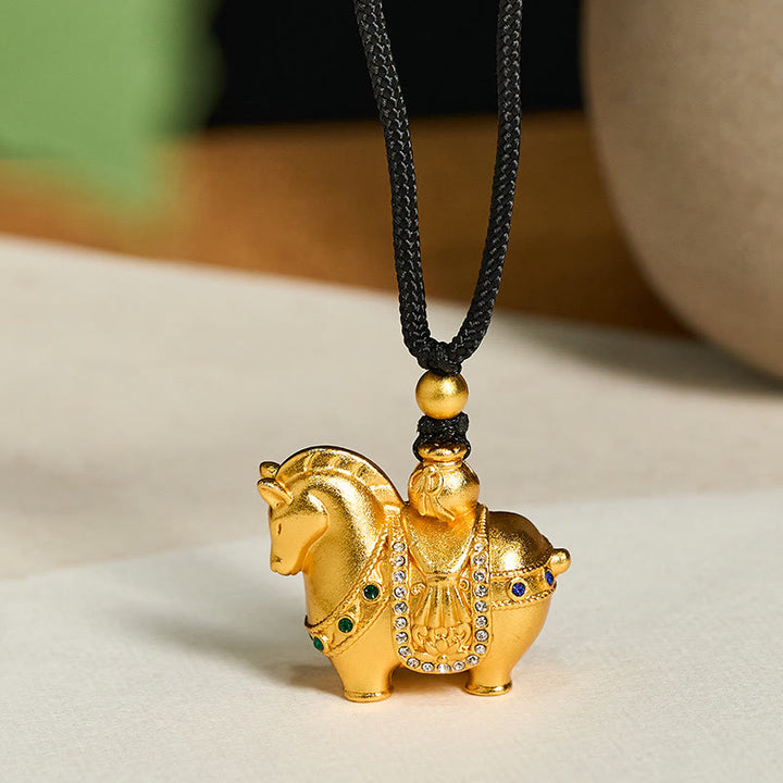Buddha Stones Year Of The Horse 24k Gold Plated Brass Rope Cord Necklace Pendant - Horse Black Rope(Length: 70cm) - image 0