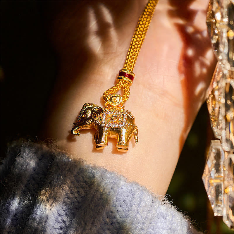 Buddha Stones 24k Gold Plated Brass Elephant Charm Strength Rope Necklace Pendant - image 5