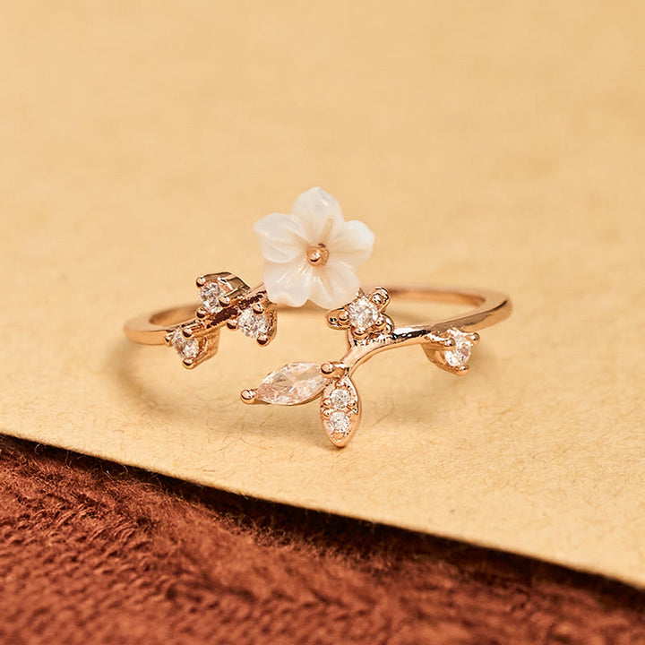 Buddha Stones White Flower Design Adjustable Healing Copper Ring - image 1