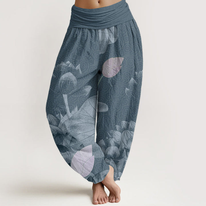 Buddha Stones Cotton Pink And White Lotus Women's Elastic Waist Harem Pants - SteelBlue - US22，UK/AU26，EU54 (6XL) - image 4
